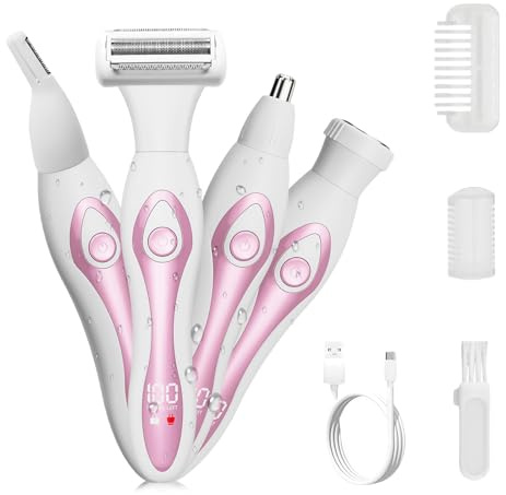 Lady Shavers for Women, 4-in-1 IPX6 Electric Razor for Women, Facial Hair Remover Wet & Dry Bikini Trimmer for Nose, Pubic Hair, Eyebrows, Arms, Legs Grooming Kit