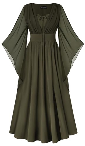 SCARLET DARKNESS Vestido renacentista de las mujeres manga 3/4 cintura alta hendidura frontal medieval maxi vestidos, verde oliva, XXL