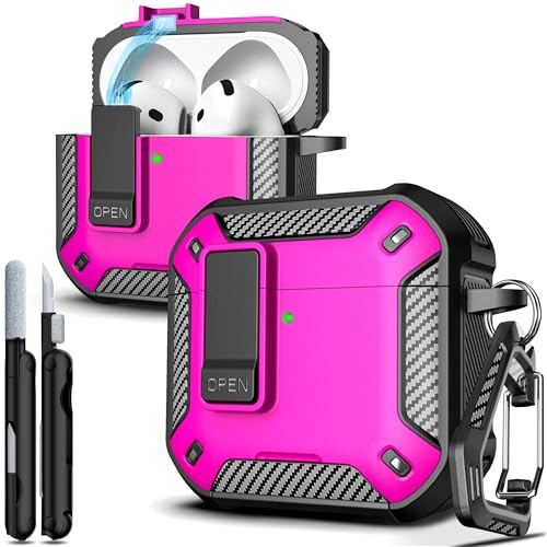 R-fun för AirPods 4 fodral med rengöringssats, kolfiberelement Militärt stötsäkert automatiskt uppklappbart fodral, telefonstativ och magnetisk bas med karbinhake kompatibelt med AirPods 4:e