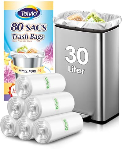Teivio 30L Starke Mittelgroße Müllbeutel, 80 Stück, Transparent, Passend für 25–35L Mülleimer (8 Gallonen), Ideal für Badezimmer, Zuhause, Büro & Küche
