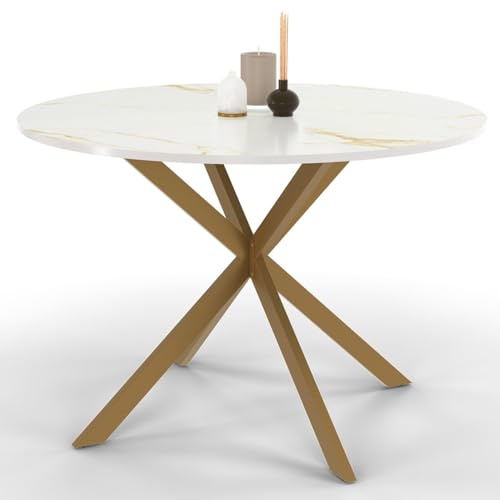 IDMarket - Runder Esstisch ALIX 6 Personen Spinnenbein aus Messing und Tischplatte mit goldenem Marmoreffekt Alaska 110 cm