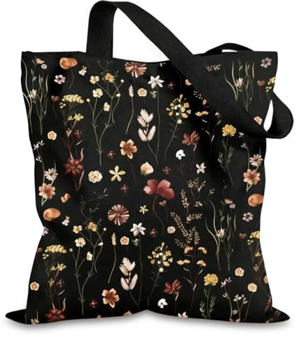 Zorbal Vintage Floral Tote Bag for Women, Black Canvas Bag with Wildflower Pattern, Cotton Shopping Bag with Long Handles, Elegant Canvas Tote for Work and Daily Use, 40x43cm