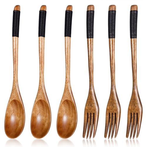 6 Pcs Wooden Spoon and Fork for Eating Utensil Set, Wooden Utensils for Eatings Kitchen Wood Dinner Flatware Tableware Set, Reusable Bamboo Eat Utensils for Cooking Eating Kitchen