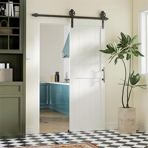 HOMCOM Porta Scorrevole Interna Muro 71.5x213.4cm, Binario Acciaio, Maniglia Migliorato, Ruote, Porta da Interno in Stile Industriale, in MDF e Legno Pino, Impermeabile, per Cucina, Bagno, Soggiorno