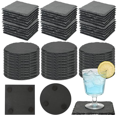 Wpokke Posavasos de pizarra de 60 unidades, 10 x 10 cm, color negro, juego de posavasos de cristal con base resistente a los arañazos para café, bar, cocina, decoración del hogar, 30 cuadrados y 30