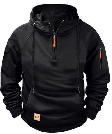 Hoodies for Men Winter Long Sleeve Shirts Cargo Military Hooded Sweatshirt Casual Work Pullover Tops Black XXXL
