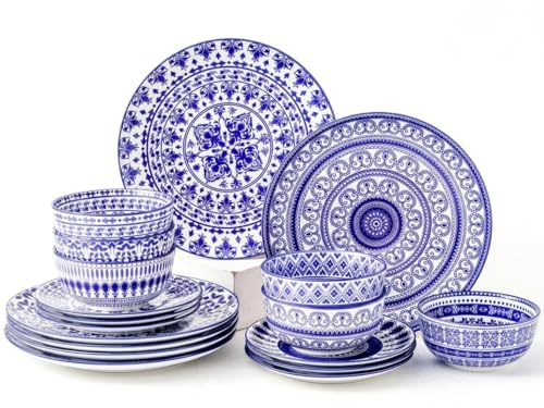simpa 18PC Blue Florentine Porcelain Dinner Set. 6 Dinner Plates, 6 Side Plates & 6 Bowls. Dishwasher & Microwave Safe.