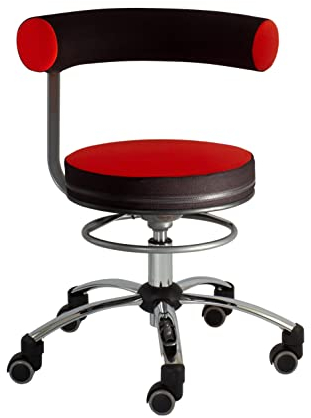 Sanus®-Gesundheitsstuhl | Rollhocker mit 360° Lehne, Fester Lehne, Sitzhöhe (46-54 cm), Stoffbezug rot/schwarz, Rollstopp-Rollen. Ergonomischer Bürostuhl, Erzieherstuhl