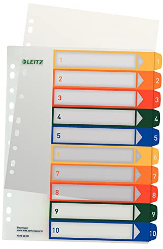 Leitz PC-beschriftbares Register, A4, PP, extrabreit, mehrfarbig (Zahlen 1-10 / 10er Pack)