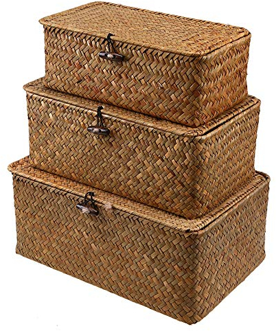 Wankd rechteckige Seagrass Ablagekorb, handgefertigte Stroh gewebt Ablagekorb mit Deckel Make-up Veranstalter Bauch Aufbewahrungsbox Seegras Wäschekörbe Rattan Schmuckschatulle (L-29X19X12CM)