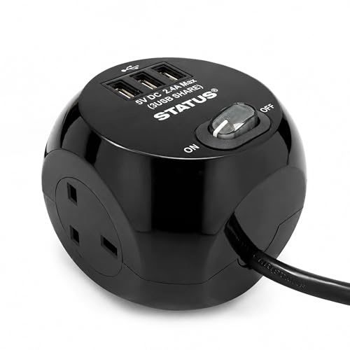 Status 3 Way Cube Socket with 3 USB Ports, Black Compact Extension Adapter with 1.4 Metre Lead for Home Office Travel Use, Space Saving Power Block, (S3B1.4M3XUSB1PK6)