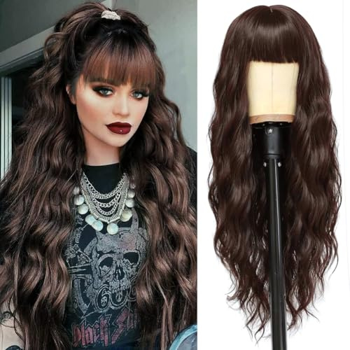 YEESHEDO Damen Dunkelbraun Lang Wellig Lockige Perücke Natürlich Farbe lange locken Volles Haare Peruecke mit Pony für Frauen 28 Zoll (Dunkel Braun)