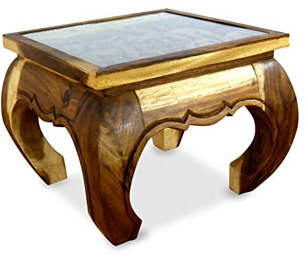 livasia Opiumtisch, Kaffeetisch, Couchtisch, Massivholztisch mit Schnitzerei u. Glasplatte (Natur)