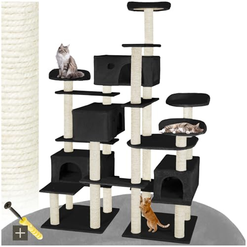 tectake® Arbre à Chat XXL Griffoir 214 cm, 4X Maison pour Chats 4X Lit pour Chat Jeux Appartement Accessoire Chats avec Couchage Grattoir Chat Etagere