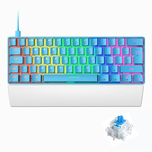 FELiCON T60 Kompakt 60% Mekaniskt Speltangentbord+Ergonomiskt Tangentbord Handledsstöd, Mini Portable 62 Keys 19 Rainbow LED Light Up Backlit, UK Layout, USB-C Kabel för PC Mac PS4-Blå/Blue Switch