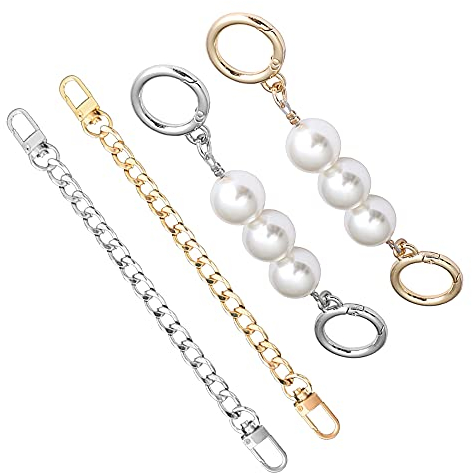 MaehSab 4 Stück Handtasche Kette Strap Extender, 2 Pcs flache Metallkette Strap + 2 Pcs Handtasche Handtasche Imitation Perle Kette, Handtasche Dekoration Zubehör Charms für Handtasche Umhängetasche