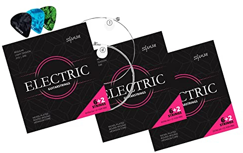 Shaman Gitarrensaiten für E-Gitarre 3x Set- Premium Stahl Saiten für elektrische Gitarre - 6+2 Saiten-Set inklusive 3 Plektren, extra D-Saite und hohe E-Saite