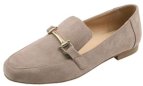 Feversole Round Toe Fashion Buckle Trim Flat Shoes, dam rund tå och spänne mönstrade ballerinor, Nyanländ mörk taupe mocka, 36 EU