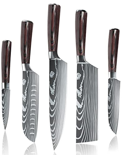 Dfito Küchenmesser Set, 5 teilig Messerset, Rostfreier Edelstahl Japanisches Scharf Messer Set mit Ergonomischen Griffe, Geeignet für Profiköche und Anfänger Gleichermaßen Kochmesser Set