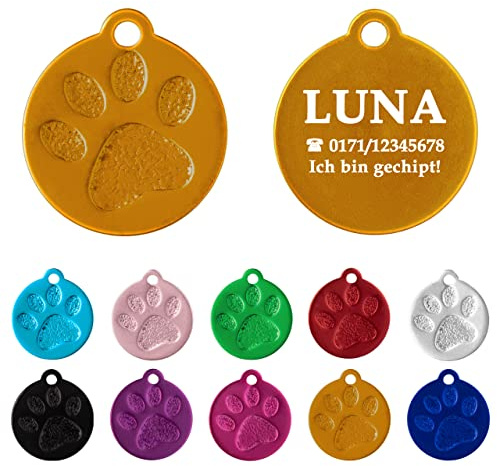 Ibera gifts - Hundemarke mit Gravur und personalisierte Hundemarke rund mit Pfote für kleine bis mittelgroße Hunde und Katzen (S-M, Gold)