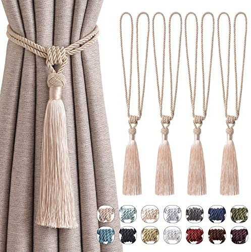 Pretty Jolly Langen Quasten Vorhang-Raffhalter Handmade geflochtene Seil Knoten drapierte Raffhalter Elegante dekorative Vorhanghalter für Zuhause und Büro, Dunkelbeige, 4 Stück