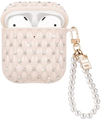 DiyGody Elegant Schutzhülle für Airpods 1/2 Generation, Glitzernde Diamant Hülle mit Perle Schlüsselanhänger für Frauen, Stoßfeste TPU Anti-Rutsch Kratzfest Ultradünn Zubehör-Set für AirPods 2&1-Beige