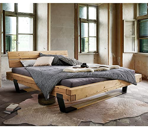 Lomadox Doppelbett Ehebett Bett Echtholz Massivholz, 180x200 cm, Fichte massiv, Holzkopfteil, Schwarze Metallkufen mit Massivholzeinsatz, B/H/T ca. 198/88/228 cm