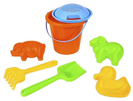 Lena 05416 Happy Sandset, Strandspielzeug 7-teilig, Sandgarnitur mit Eimer, Sieb, Mehlschaufel, Harke, Lamm-Förmchen, Enten-Förmchen und Schwein-Förmchen, Sandspielzeug für Kinder ab 12 Monaten