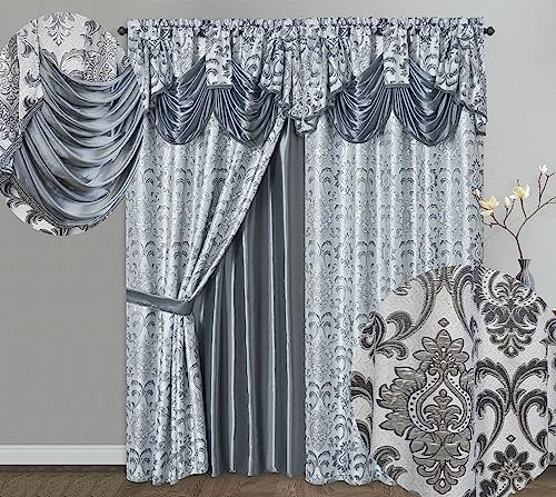 GOHD Samba Star. Jacquard Window Curtain Panel Drape with Attached Fancy Valance and Taffeta Backing. 2pcs Set. Each pc 54 Wide x 90 Drop with 18 Valance. (Grey)