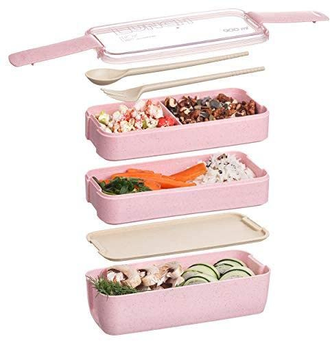 HEYOUTH Bento Lunch Box,avec 3 Compartiments et Ustensiles,Boîte Boite Repas Box Enfant/Adulte et couverts,Boîte à Déjeuner étanche de 900ML Sans BPA,pour Le Pique-Nique, l'école, Le Travail(Rose)