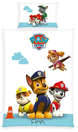 Herding Bettwäsche-Set für Kleinkinder, Paw Patrol Bettewäsche, Personalisiert mit Namen (Bestickt), 40 x 60 cm + 100 x 135 cm, 100% Baumwolle/Flanell