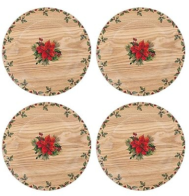 Harvey & Mason Set Of 4 Christmas Holly Charger Plate Wooden Dinner Lunch Decor Xmas Rustic Traditional