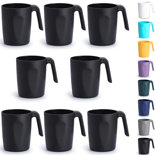 Berglander Set di tazze da caffè in plastica nera di 8 x 450ml, bicchieri con manici, tazza d'acqua riutilizzabile, facile da trasportare, ideale per casa, giardino, picnic, campeggio