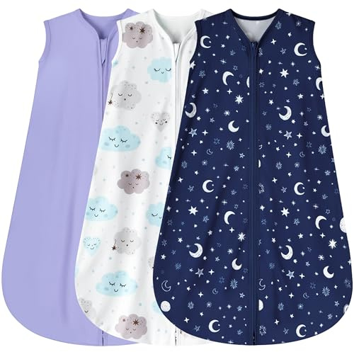 BSTOPPT 3 Pack Baby Sleep Sack 0-6 Months 100% Rayon Cotton Baby Sleeping Bag 2-Way Zipper Toddler Wearable Blankets Comfy Stretchy Lightweight TOG 0.3 （Purple&Clouds&Starry Sky）
