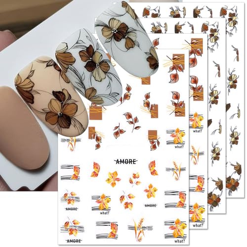 4 Blätter 3D Nagelsticker Herbst,Blume Nail Sticker Herbst Ahornblatt Gefallen Blätter Nagelaufkleber Geometrisch Linie Nagel Stickers für Frauen DIY Nagel Sticker Nageldesign Nägel Zubehör Nail Art