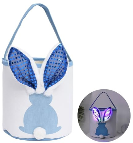 Påskkorg med handtag, påskkorg hare med LED-ljus, påskdekoration, lysande, påskbo att fylla på, barn med öron tyg modern pyssel plysch bord påsk dekoration blå
