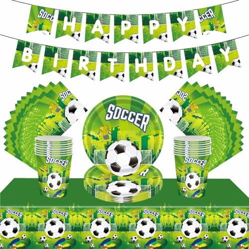 54 piezas de decoración de mesa de fiesta de fútbol verde para cumpleaños de niños, mantel de juego de fútbol, platos de papel de 7 pulgadas, pancarta, servilletas de papel para niños, juego de fútbol