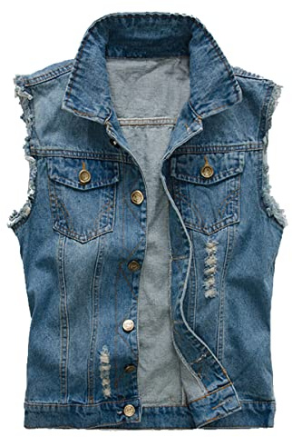 Kelmon Chaleco vaquero para hombre, estilo informal, sin mangas, estilo motorista, azul, XXXL