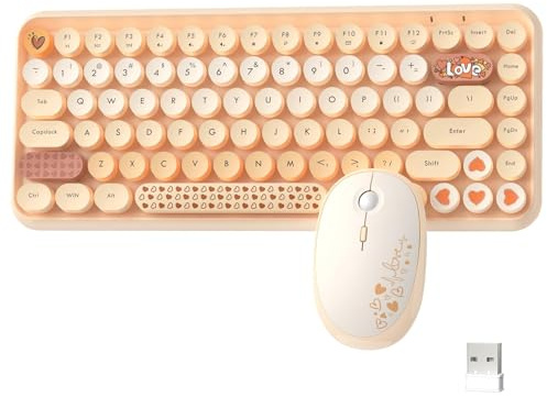 A.JAZZ Retro Tastatur Maus Set Kabellos,2,4 GHz USB 84 Tasten Schreibmaschine Kawaii Runde Jelly Tastatur - Kleine Ästhetische Maus, Kompatibel mit Laptop-Computer für Bürospiele-Farbverlauf Orange