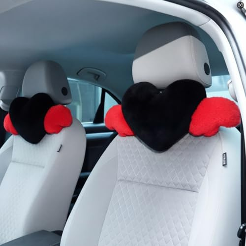 Macarrie 2 Pcs Plush Heart Shaped Pillow with Angel Wings Car Headrest Soft Comfortable Seat Pillow for Driving Travelling Room Office Car Decor, 19.7 x 8.3 Inch(Black, Red)