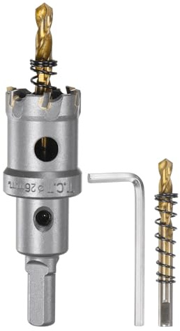 sourcing map Kit per sega a tazza in metallo duro da 26 mm, set con 2 punte centrali per trapano, 1 chiave per acciaio inossidabile, rame, ferro, alluminio