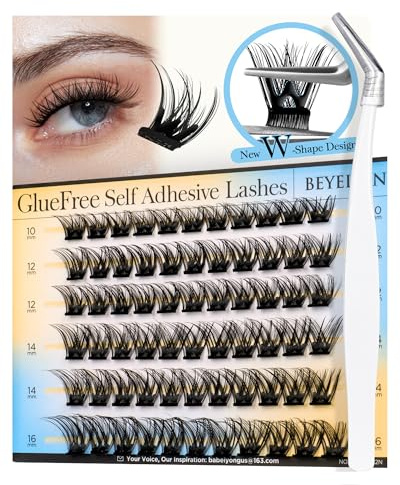 BEYELIAN Self Adhesive Eyelashes Clusters, Press On Lashes Pre Glued Eyelash Extension Kit with Lash Tweezer,10-16mm No Glue No Remover Needed Self Adhesive Lashes