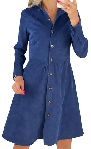 YMING Femmes Velours Côtelé Simple Coloration Robe Basique Tunique Lâche Robe d'affaires Simple Casual Bleu M