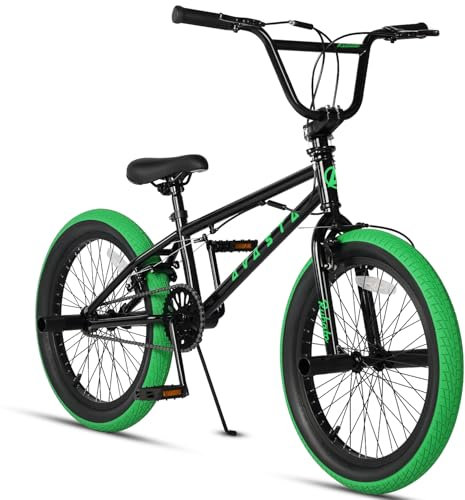 AVASTA 20 Inch Freestyle BMX Bicycle Big Kids Teenager Bike for Age 6 7 8 9 10 11 12 13 14 Years Old Boys Girls Teen Youth Adult and Beginner-Level Rider with 4 Peg, 360 Degree Gyro, Black & Green
