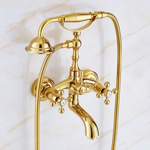 ZYCDP Badewannenarmatur mit Handbrause Retro Messing, Armatur Dusche mit 2 Auslässen Doppelter Kreuzgriff Gold