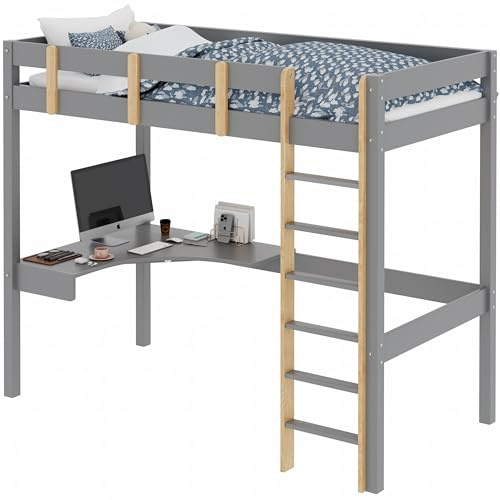 Bunk Bed with Desk, 3ft Single Loft Bed Frame with Safety Guardrail & Ladder Solid Pine Wooden Bunk beds High Sleeper Kids Bunk Bed for Teens & Adults, Space-Saving Design (Grey+Pine)