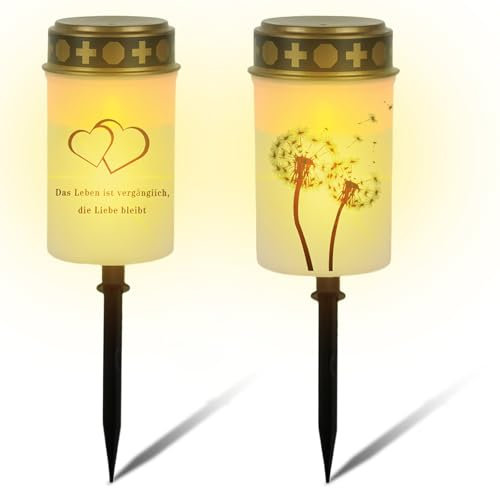 Asfrode Candele a energia solare, 2 pezzi, a LED, per tomba, con 2 picchetti, luce solare, per esterni, decorazione funeraria, ricordi, colore bianco