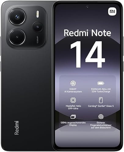 xiaomi Redmi Note 14 smartphone, 6+128GB, black, 108MP AI camera system, 5500mAh battery, 120Hz eye-care display, AI features (no charger included), 2 year Warranty