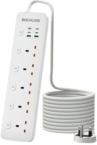 BOCHLION Extension Lead with 6 USB Slots, 5 Way Plug Extension Socket Surge Protection Power Strip with PD30W USB C Slot, Independent Switches and 2M Extension Cord Wall Mounted for Home Office-White