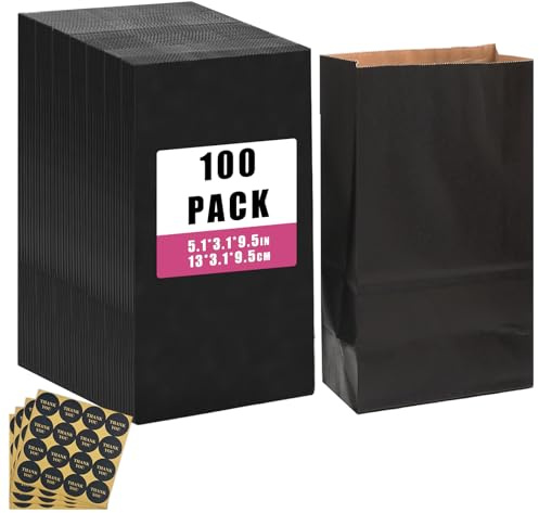 Gcardist 100 Pcs Black Treat Paper Bags with 100 Stickers 5.1x3.1x9.4 Kraft Small Party Gift Bag without Handle(13cm×8cm×24cm)